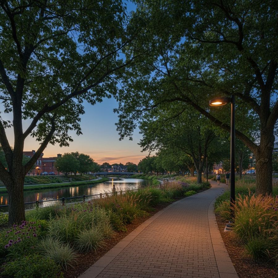 A fully shielded downward-facing streetlight illuminating a sidewalk without light spilling upward
