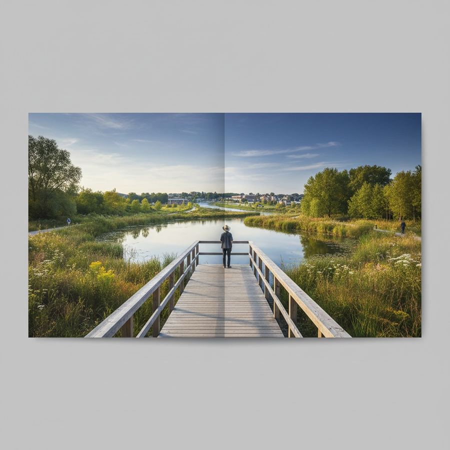A simple timber overlook platform extending toward a lake with natural shoreline vegetation on both sides