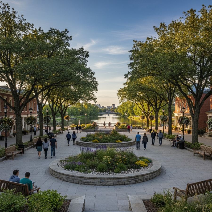A well-maintained town square in a small city with mature trees, benches, and a mix of people walking