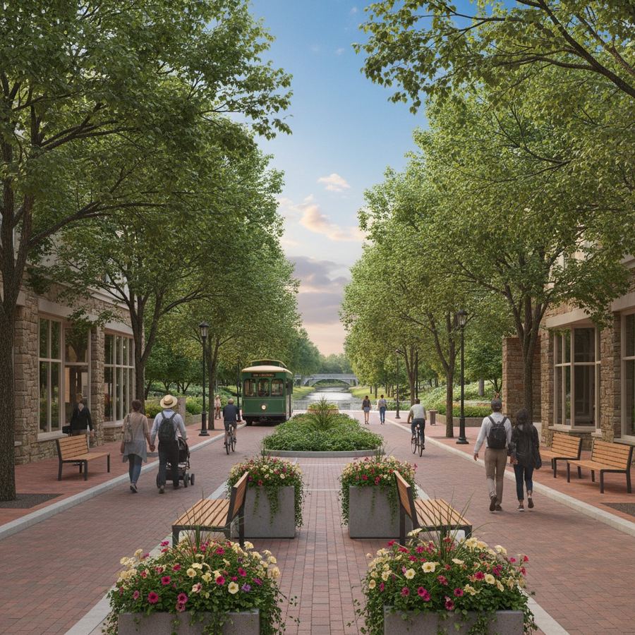 A tree-lined small-town main street with benches, planters, and pedestrians on a summer afternoon