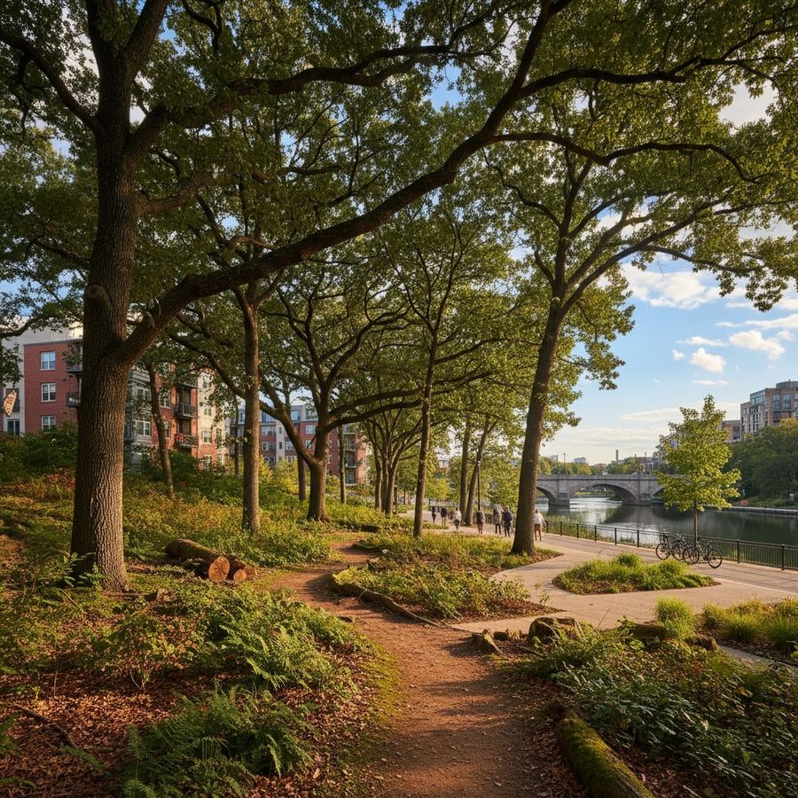 Small wooded area with mature trees and understory plants in an urban neighborhood