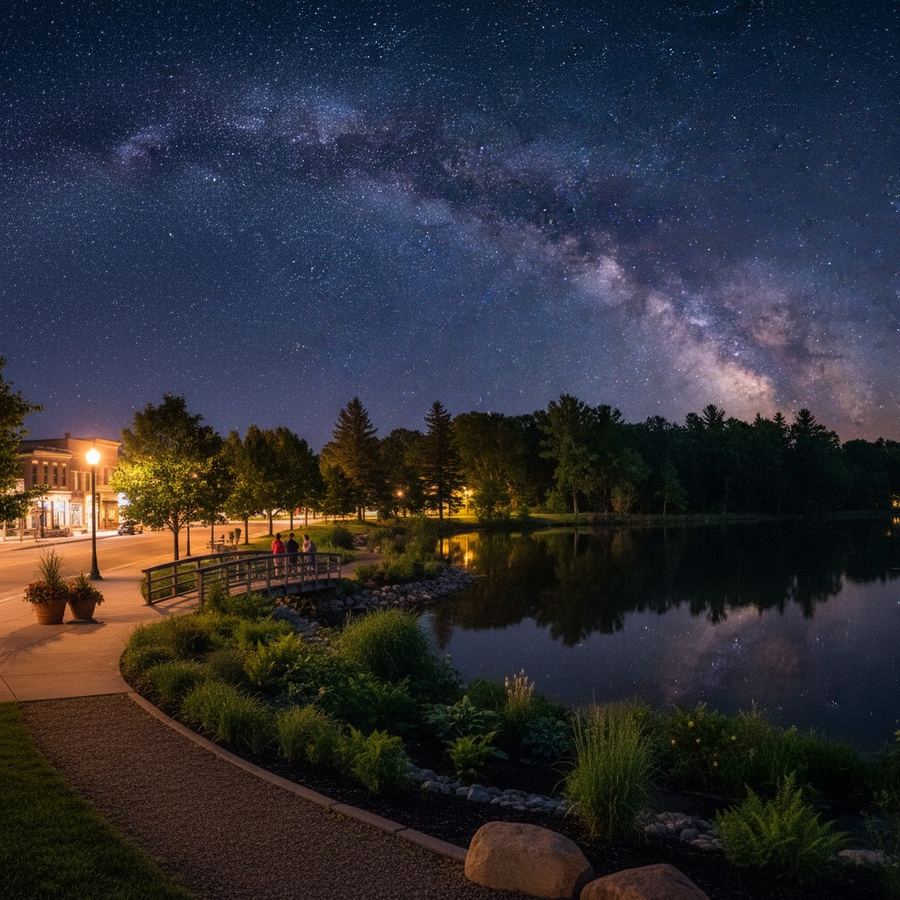 A starry night sky reflected in a calm lake with a dark treeline on the far shore