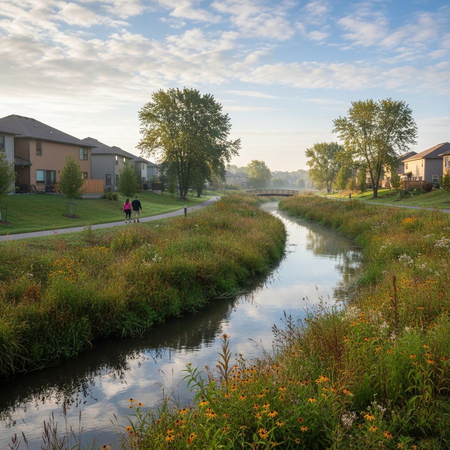 A vegetated stream buffer with native shrubs and grasses providing habitat at the edge of a residential area