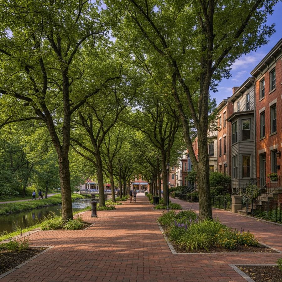 Mature street trees forming a full canopy over a neighborhood sidewalk in summer