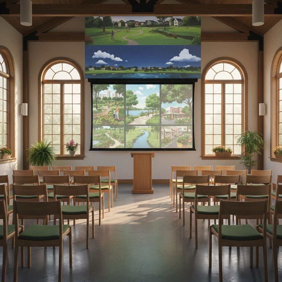 An empty town hall meeting room with rows of chairs facing a podium and screen