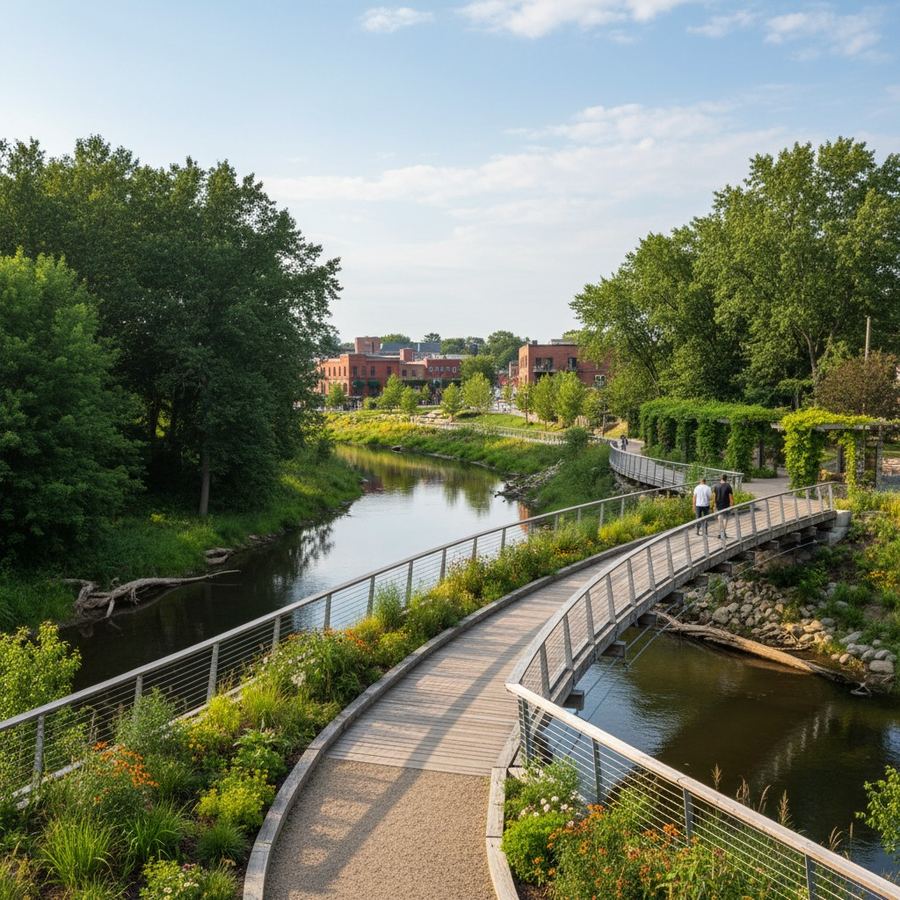 A pedestrian bridge carrying a trail across a small river with forested banks
