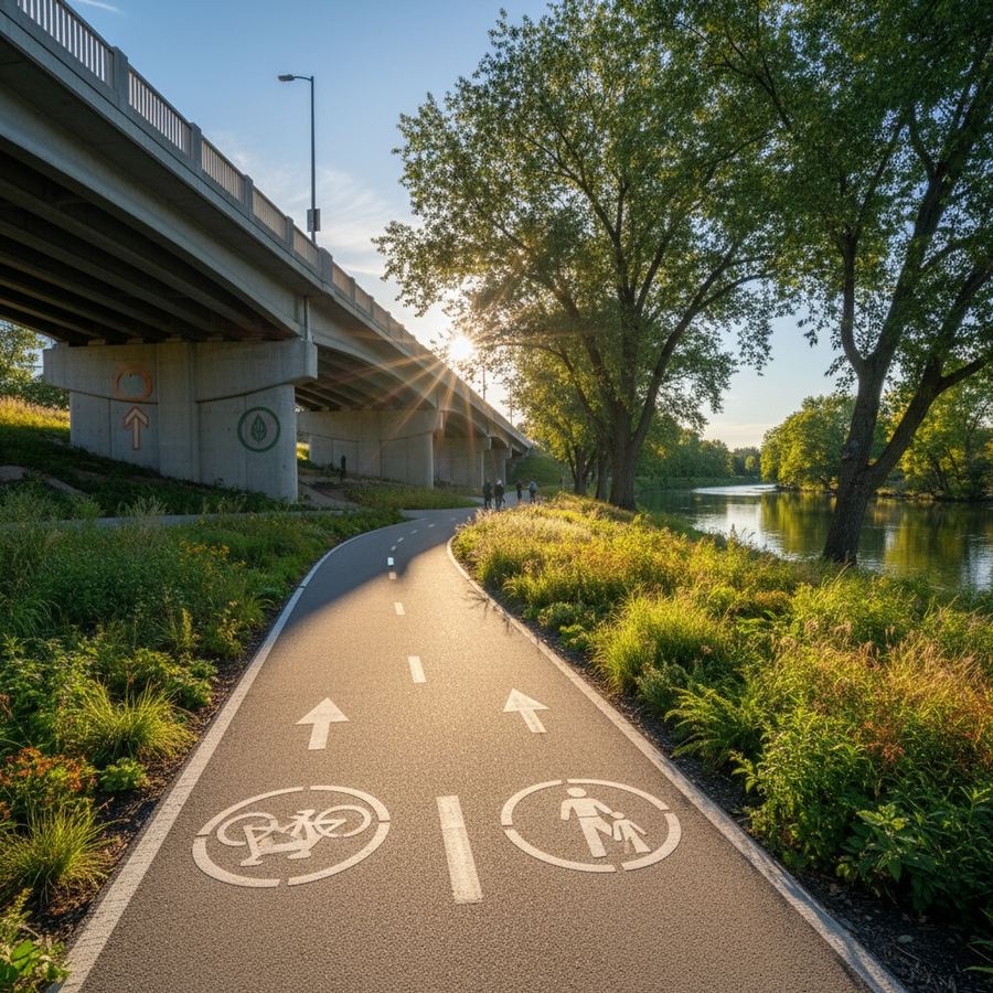 A paved trail passing beneath a road bridge with clear wayfinding signage and safe crossing markings