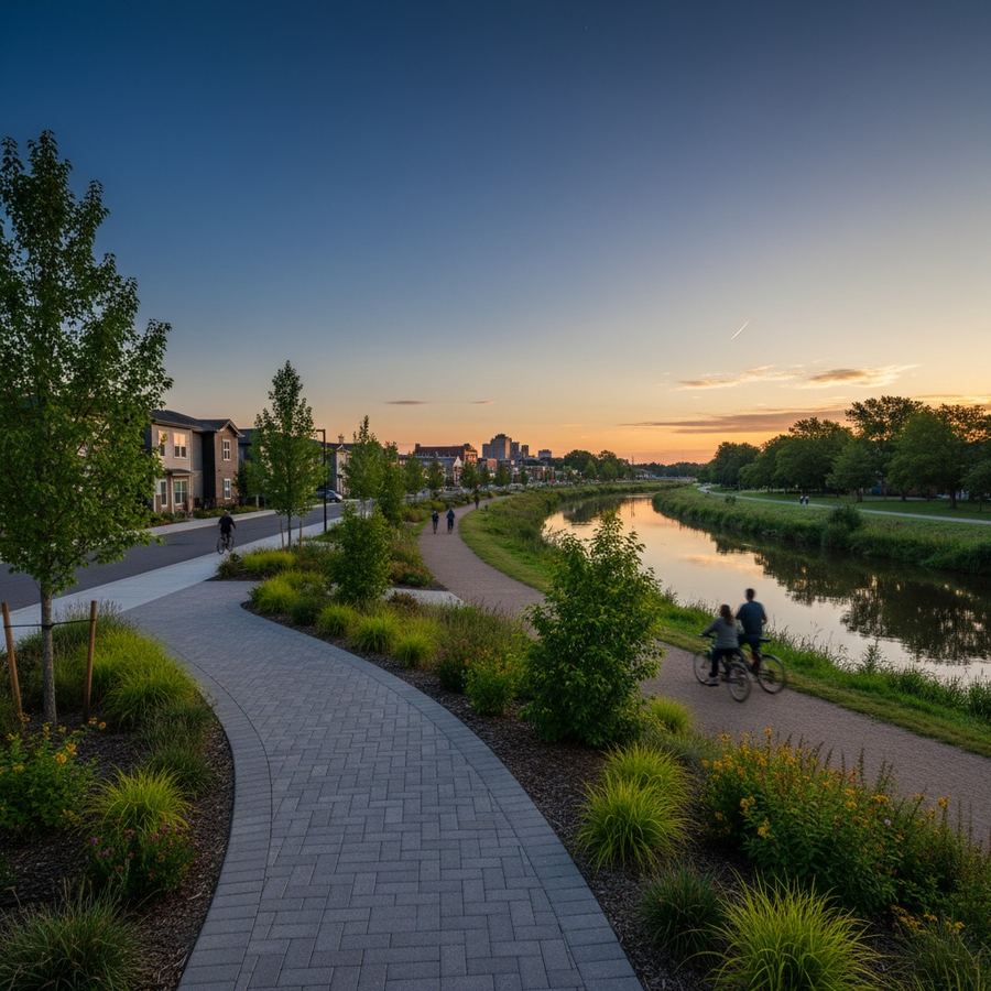 A short paved connector trail linking a residential sidewalk to a wider greenway trail