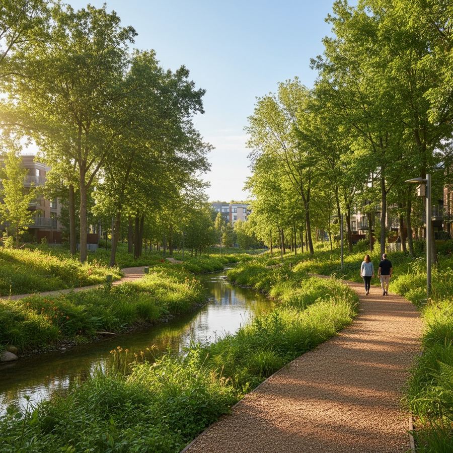 A gravel trail running alongside a tree-lined stream corridor with native understory plantings