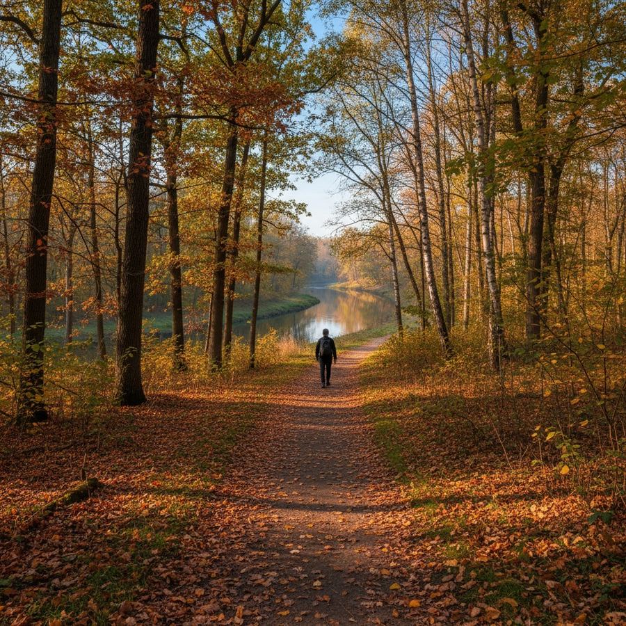 A trail winding through autumn woods with fallen leaves and dappled light