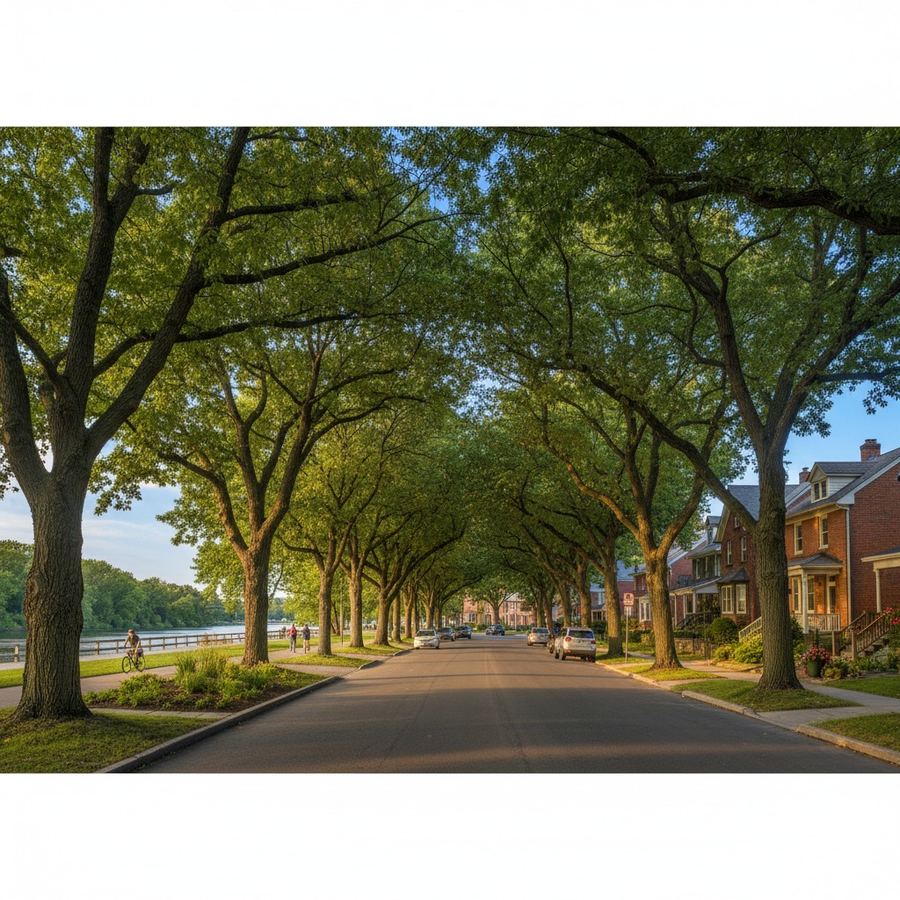 Dense tree canopy overhanging a residential street providing shade