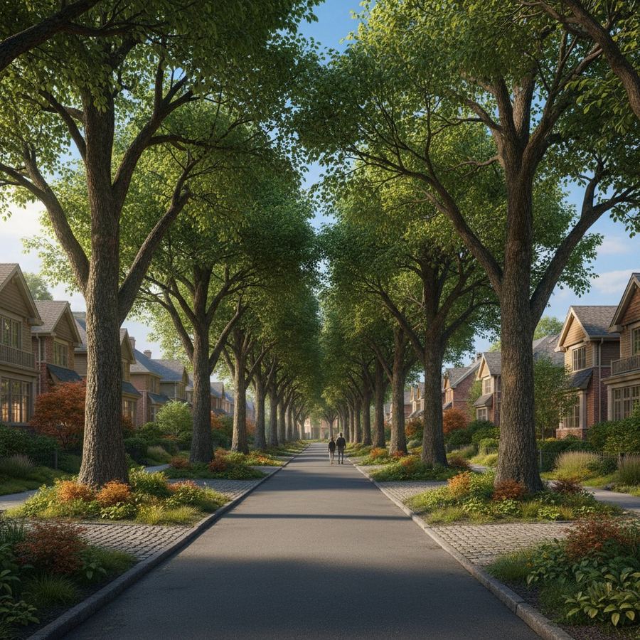 A residential street with a mature tree canopy providing full shade over the sidewalk