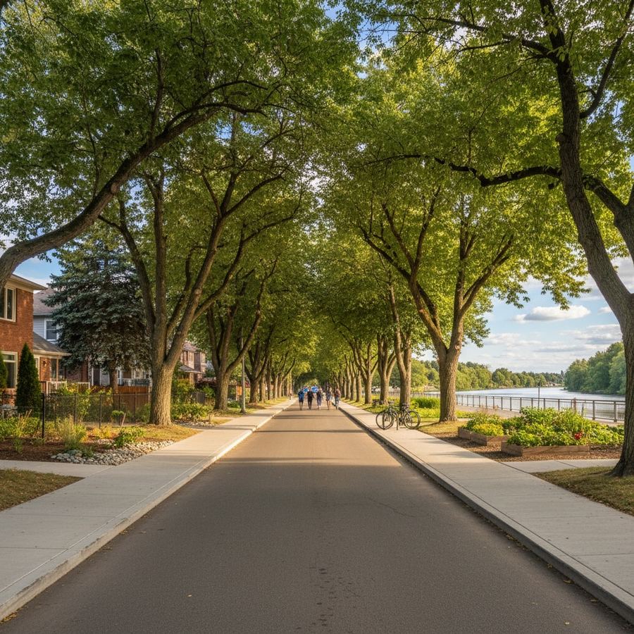 A tree-lined residential street with wide sidewalks and mature canopy