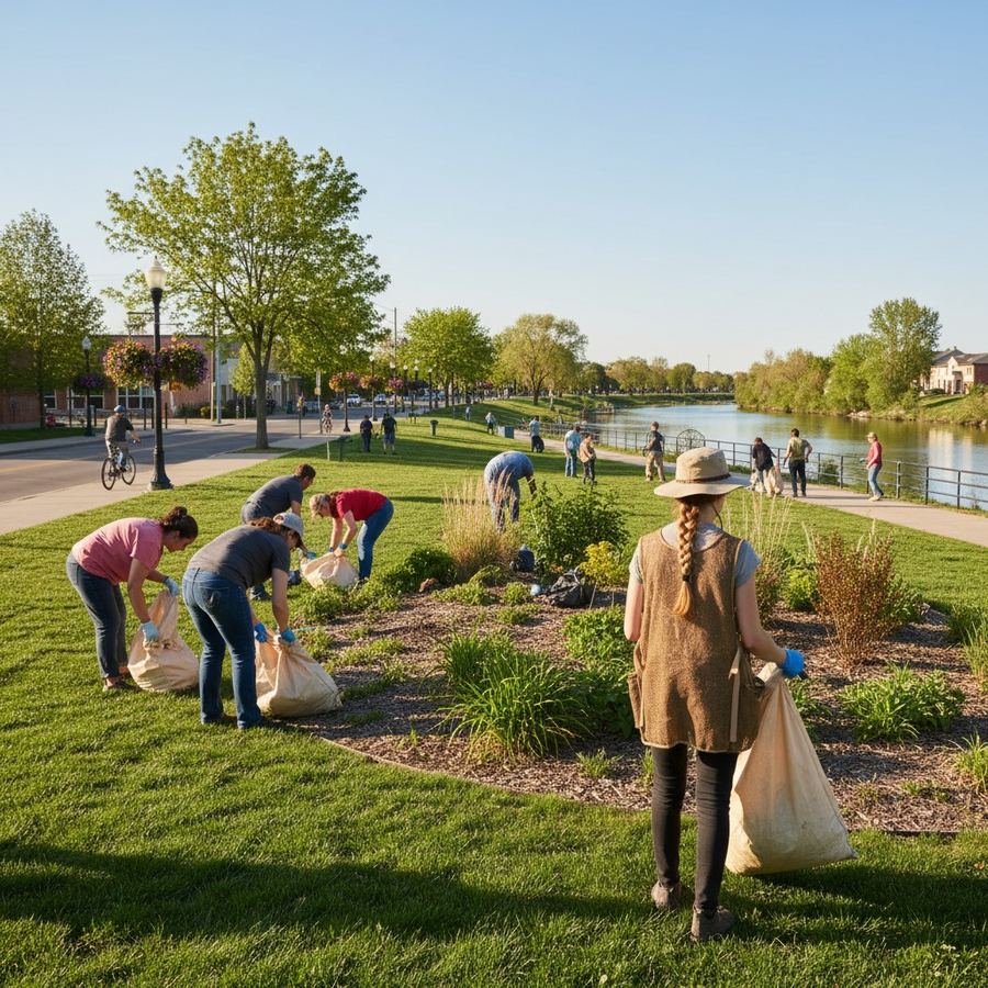Volunteers working together during a park cleanup event on a spring morning