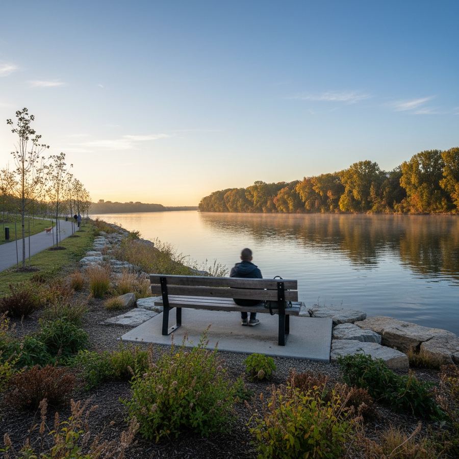 A simple wooden bench at a waterfront overlook with a view of a river and distant tree line