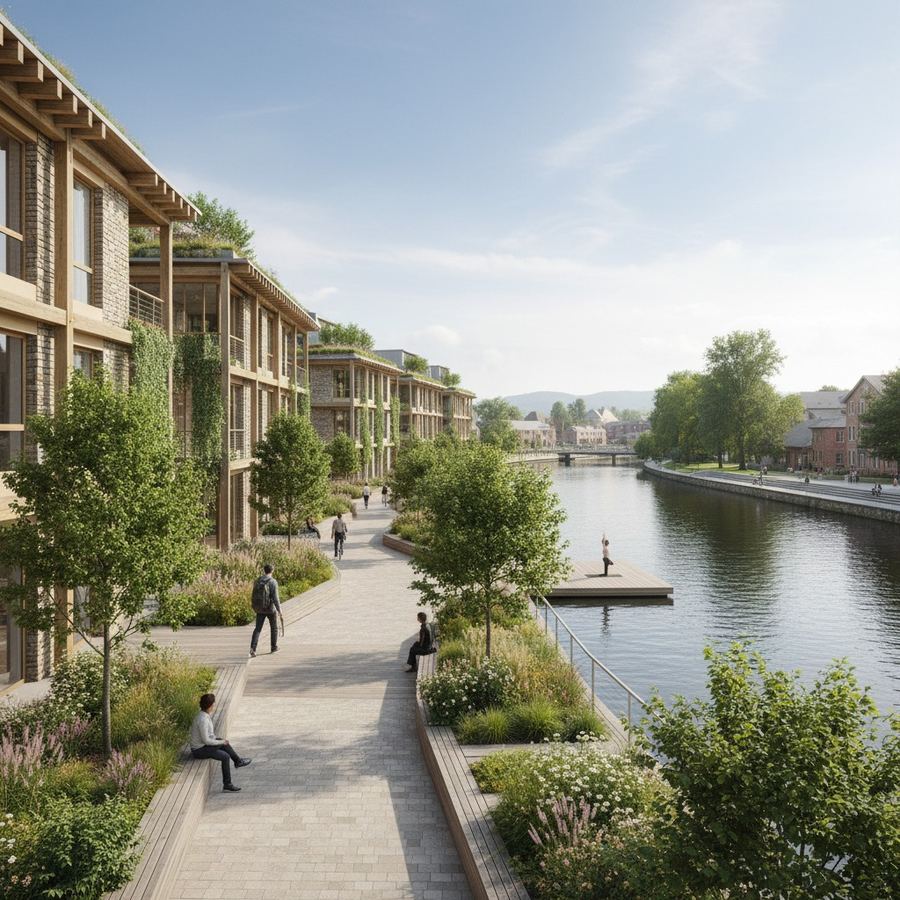 A mixed-use waterfront development with a narrow public walkway squeezed between tall buildings and the water