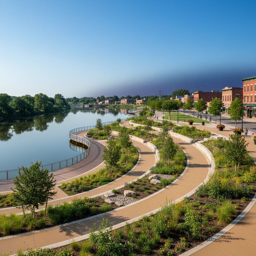 Waterfront park designed with terraced landscaping that accommodates periodic flooding