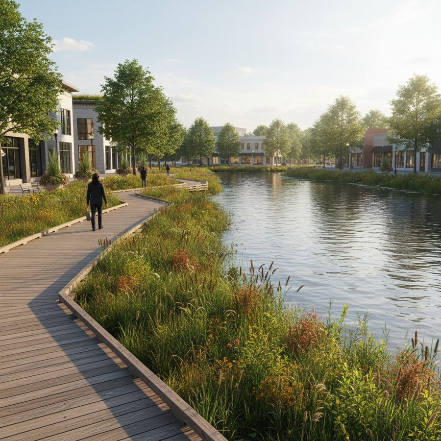 A boardwalk path elevated above a restored shoreline with native grasses and reeds growing beneath