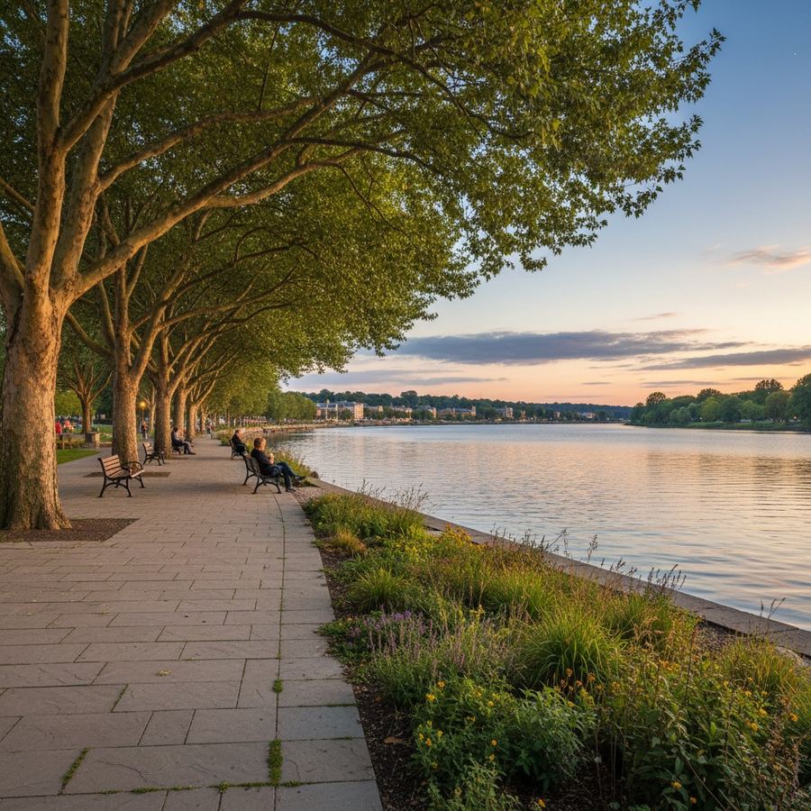 An evening view of a public waterfront promenade with benches and low lighting along the water