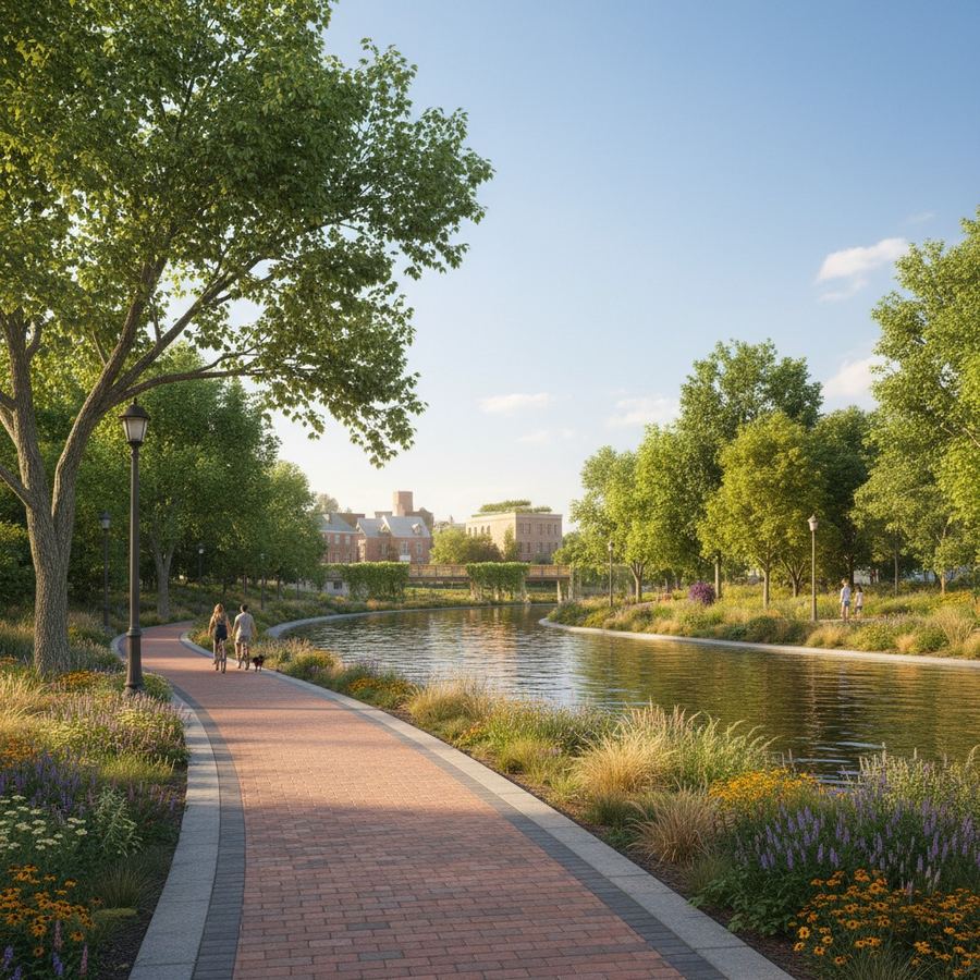 A paved trail following a river through a small city with trees on both banks